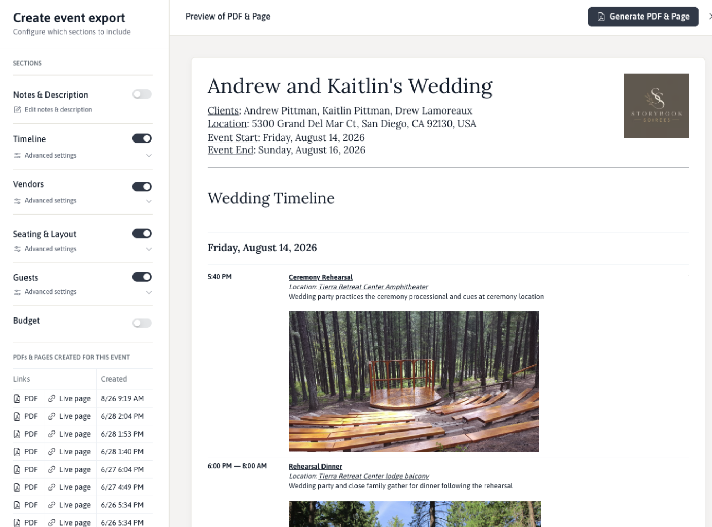 The Gatherwise event export builder, choosing sections beside a live PDF and page preview