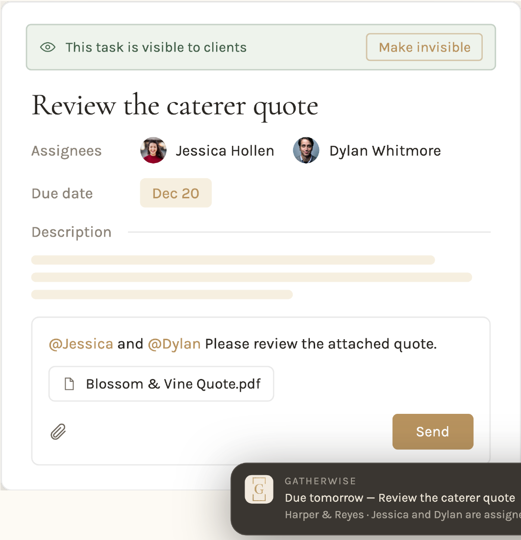 A Gatherwise task with assignees, a due date, an attached quote and a comment thread