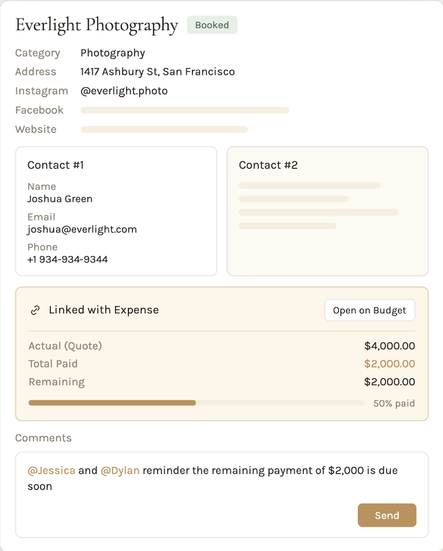 A Gatherwise vendor profile with contacts, a linked expense, and a comment thread