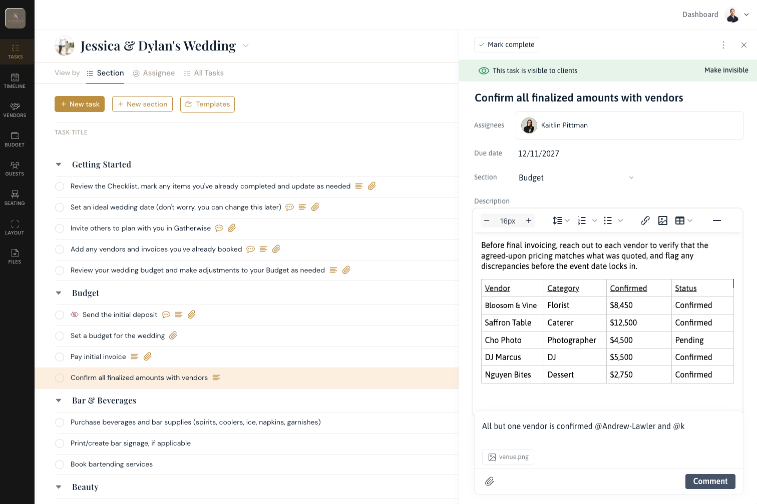 A Gatherwise task open in the client checklist — assignee, due date, description and an @mention in the comments.