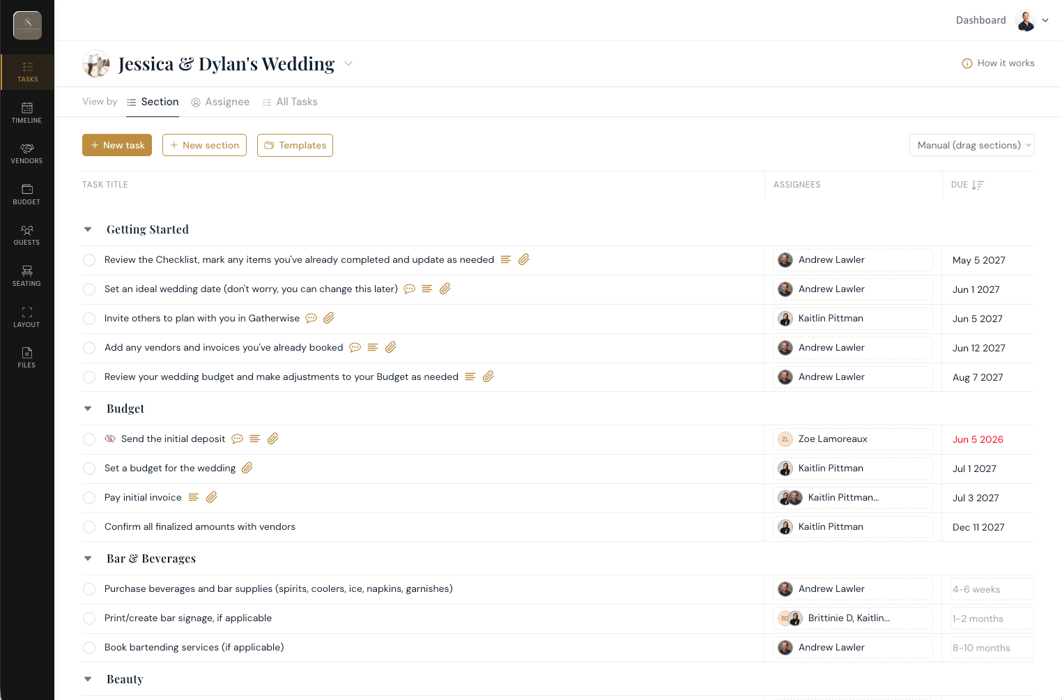 The Gatherwise task board for a wedding — tasks grouped into sections with assignees and due dates.