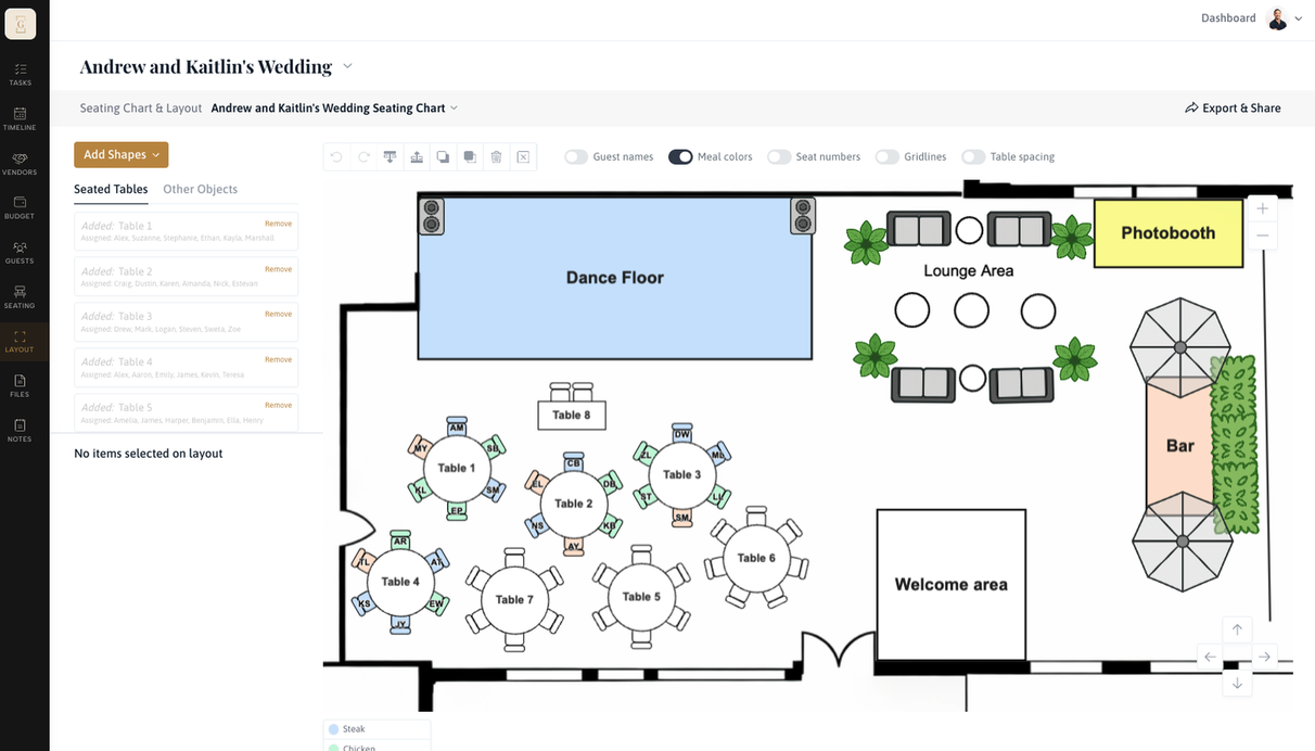 A Gatherwise reception seating chart — round guest tables, dance floor, lounge, bar and welcome area drawn to the room.