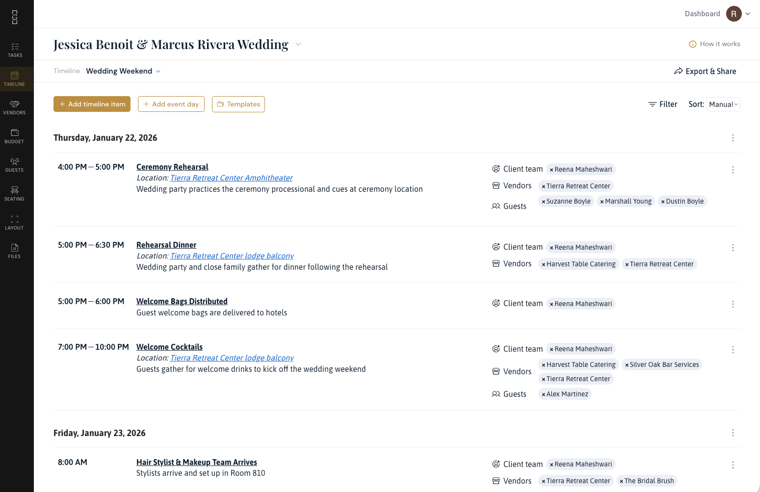 A day-of wedding timeline in Gatherwise — event days with timed items, each tagged with the client team, vendors and guests.